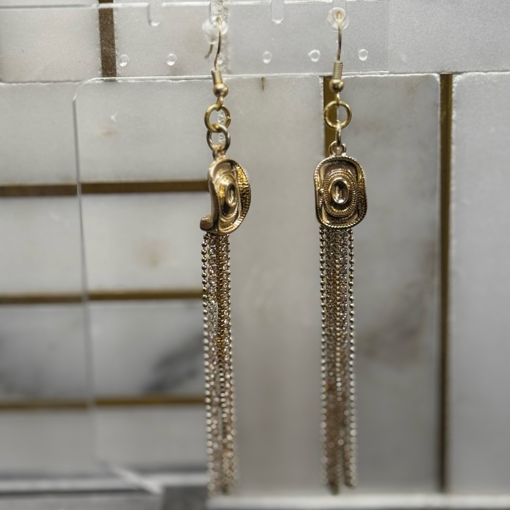 Gold Cowboy Hat Tassel Earrings